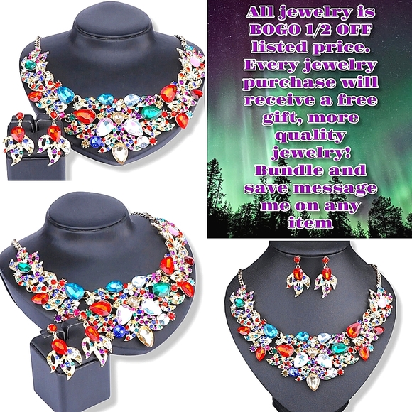 18K gold plated multi color rainbow crystal Necklace earrings set - Picture 2 of 14